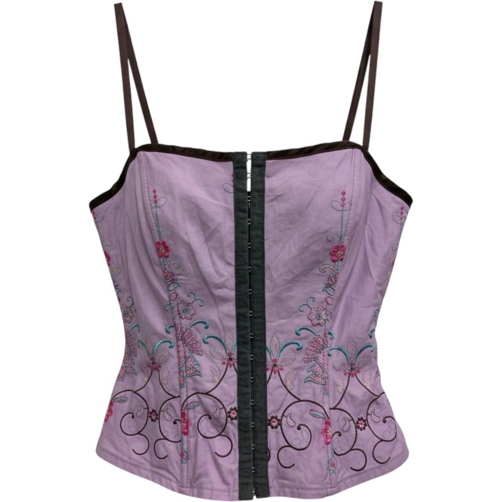 Heart Soul VTG Y2K Corset Top Womens Large Purple Embroidered Fairy Floral